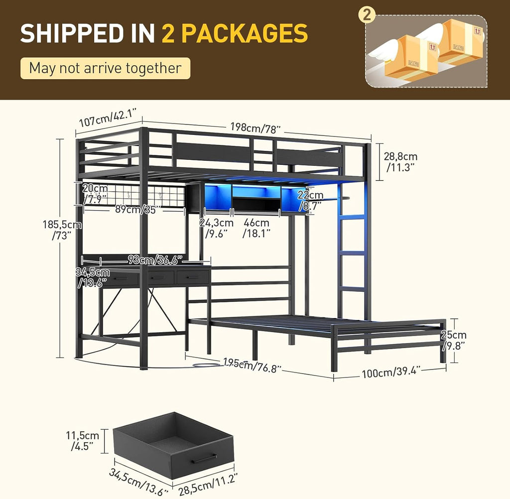 RALGEND Twin Over Twin Bunk Bed with Desk with 3 Drawers & Storage Shelves, Twin Bunk Bed with Charging Station & LED Lights, Bunk Bed with Guardrail & Ladder for Kids, Teens, Small Spaces, Black
