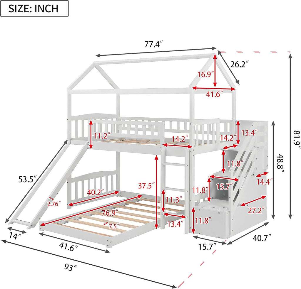 Twin Over Twin Bunk Beds with Slide and Storage Steps, Bunk Bed for Kids Toddlers, Playhouse Farmhouse Roof Guardrail Ladder 2 Drawers, for Girls/Boys, No Spring Box Required (White+Storage Steps)