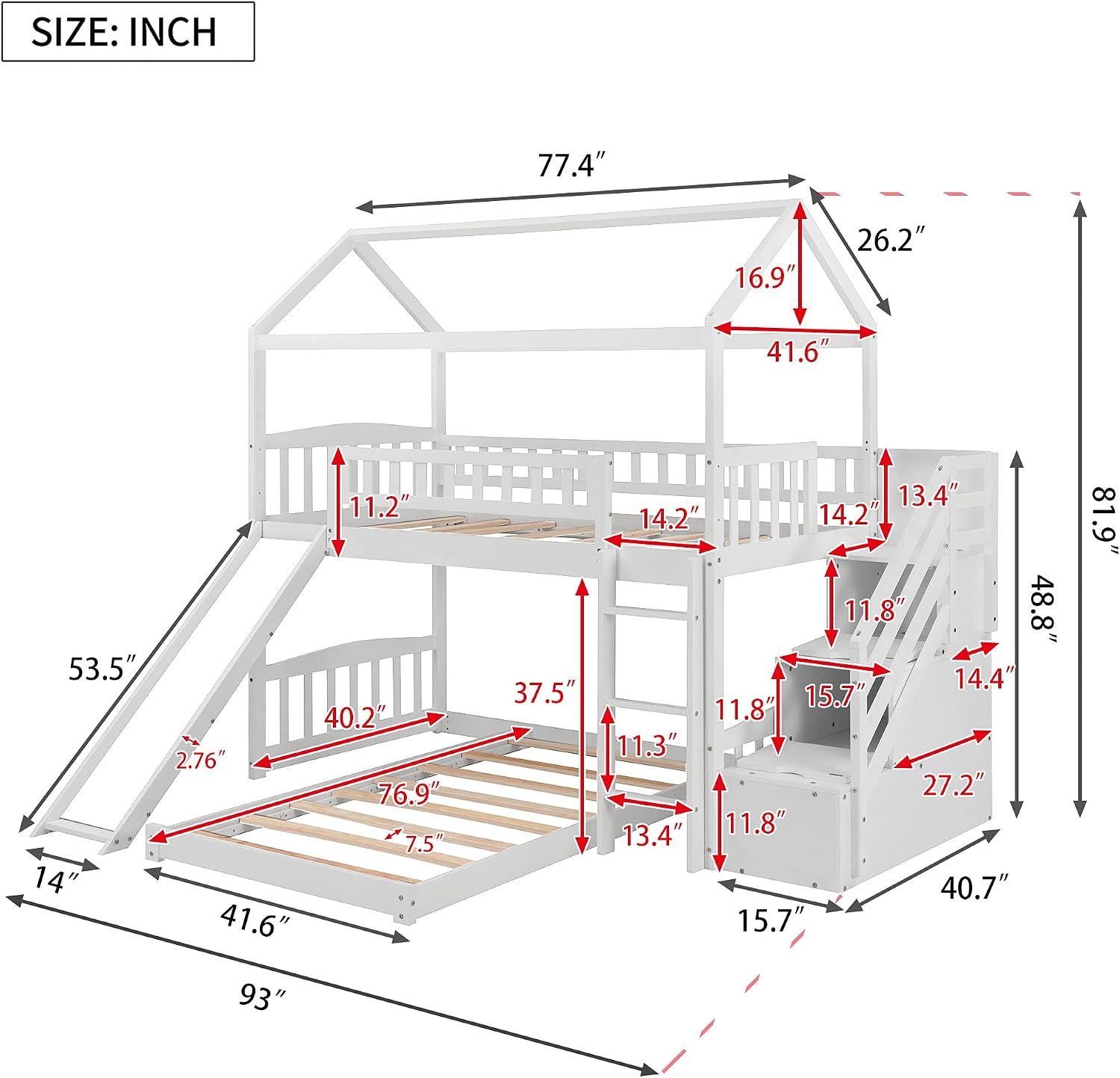 Twin Over Twin Bunk Beds with Slide and Storage Steps, Bunk Bed for Kids Toddlers, Playhouse Farmhouse Roof Guardrail Ladder 2 Drawers, for Girls/Boys, No Spring Box Required (White+Storage Steps)
