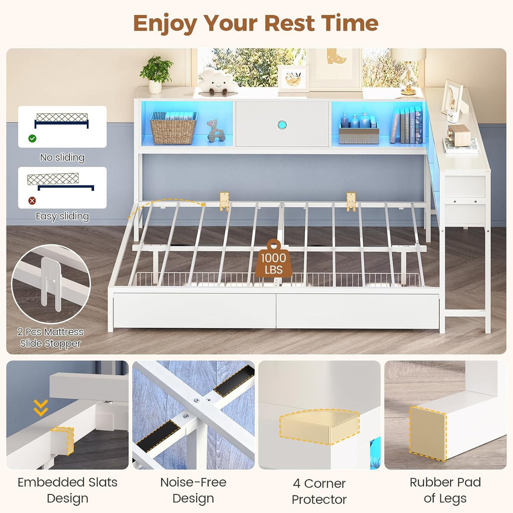 Hasuit Queen Corner Bed Frame with Storage Drawers and Bookcase Headboard, Queen Size Metal Platform Corner Bed Frame with Charging Station and LED Lights, Queen Daybed for Adults Teens Guests, White