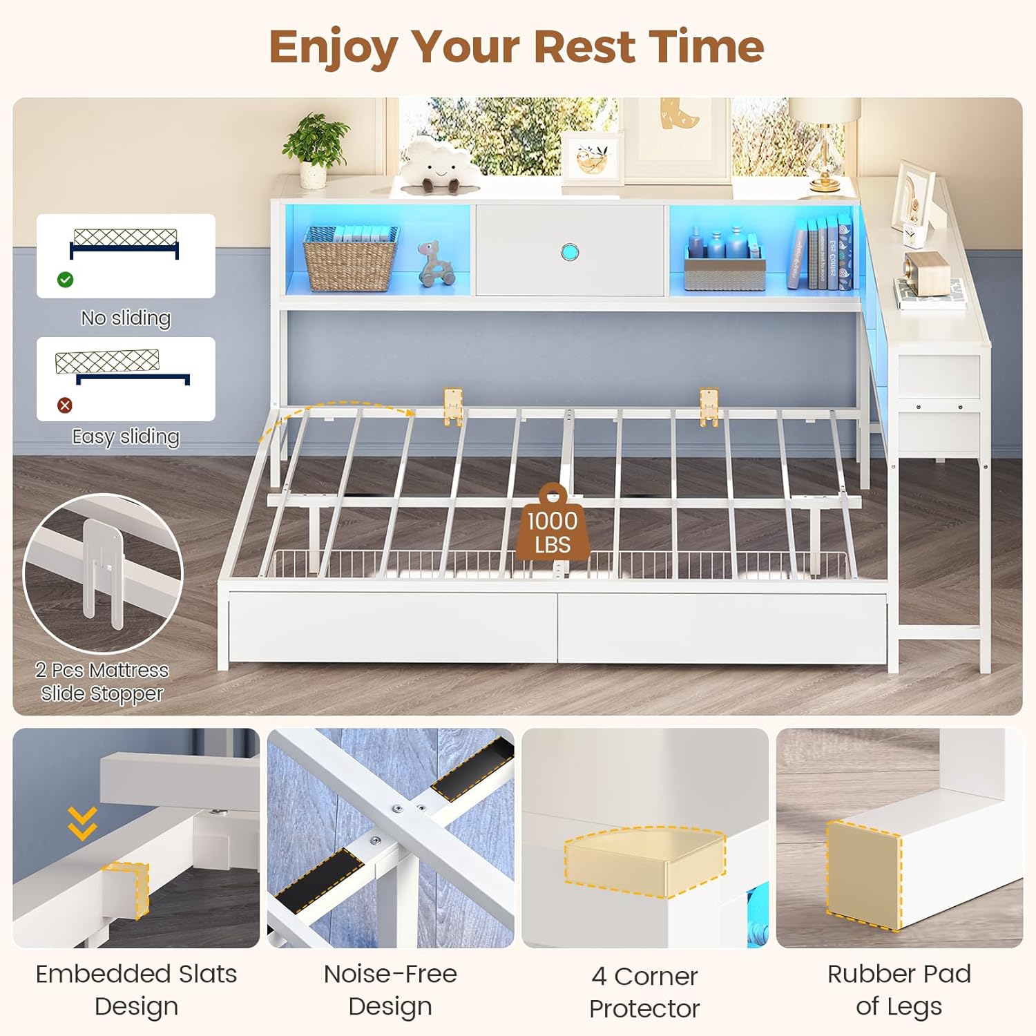 Hasuit Queen Corner Bed Frame with Storage Drawers and Bookcase Headboard, Queen Size Metal Platform Corner Bed Frame with Charging Station and LED Lights, Queen Daybed for Adults Teens Guests, White
