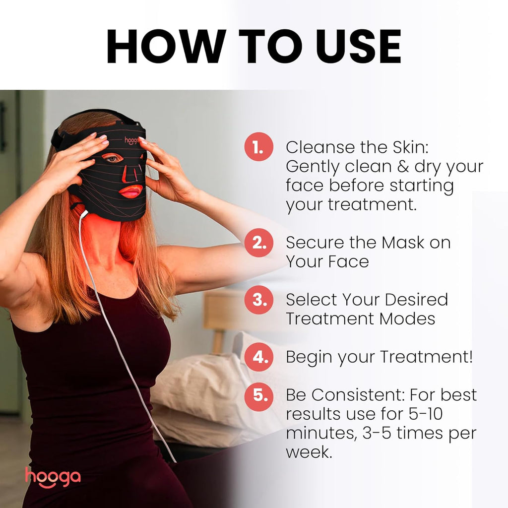 Hooga Red Light Therapy Mask – LED Face & Neck Light Therapy Mask Set, 630nm 660nm Red & 850nm Near Infrared, Tri Chip LEDs, Rechargeable, Adjustable Comfortable Fit