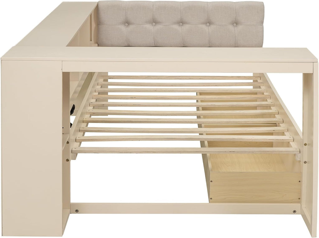 Twin Size Platform Bed with Storage Shelves and Study Desk, Wood Daybed Frame with Upholstered Headboard and 2 Drawers for Office/Living Room/Bedroom, Maximize Space