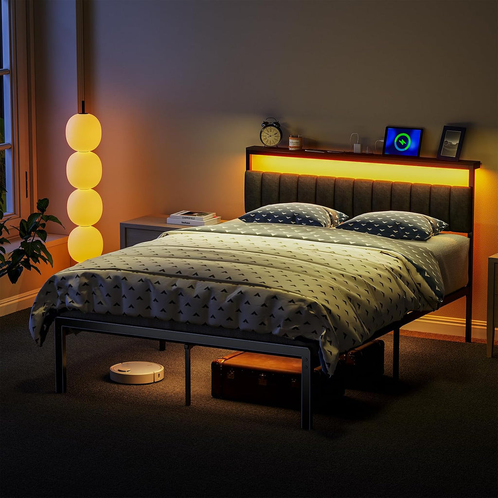Full Bed Frame with Headboard, Sturdy Metal Bed Frame with Led Light&Charging Station, Bed Frame Full Size Noise-Free/AssemblyEasily, Double Bed Frame for Individual, Black Full Size Bed Frame