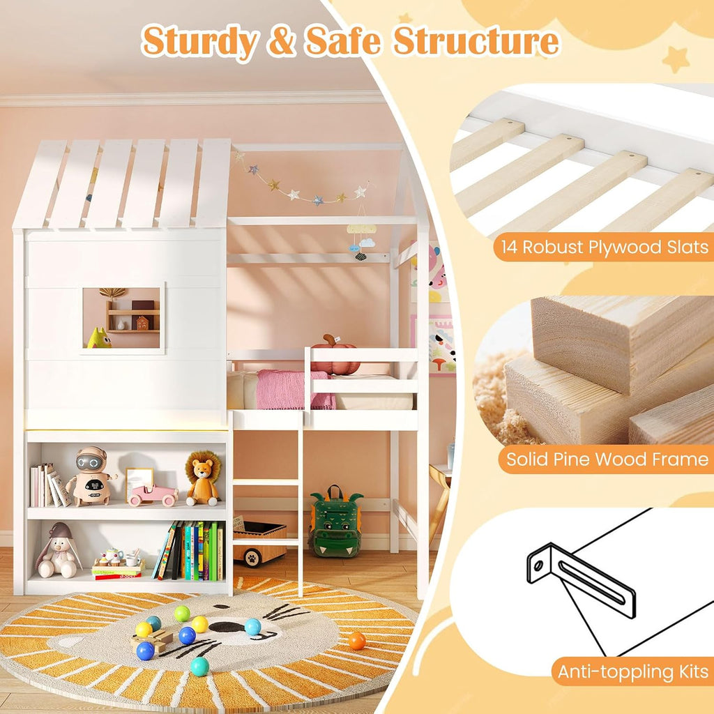 Giantex Twin Size House Loft Bed, Low Loft Bed with Roof, Window, LED Lights & Storage Bookshelf, Solid Wood Bedframe w/Ladder, Safety Guardrail, Under-Bed Play Space for Kids Boys Girls, White