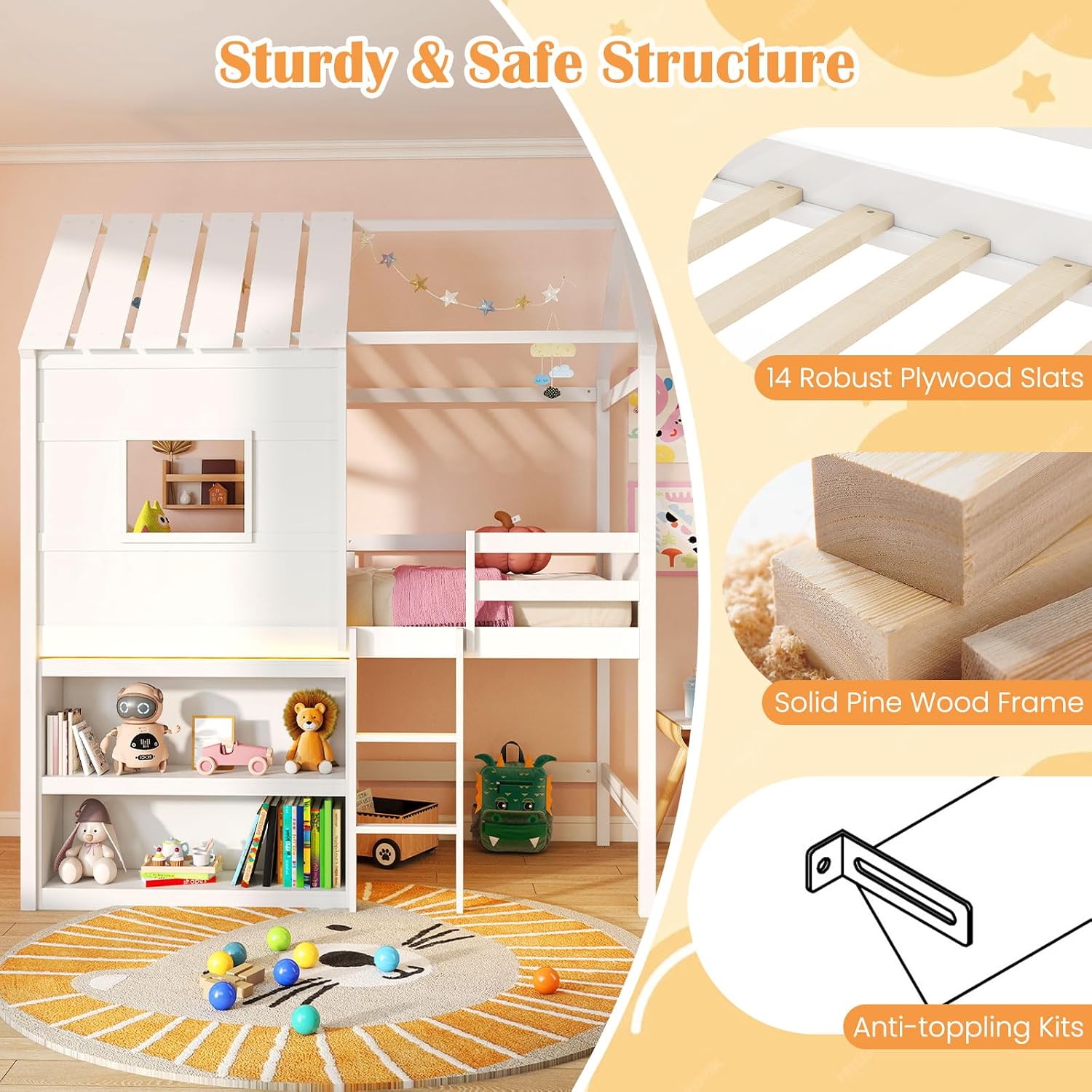 Giantex Twin Size House Loft Bed, Low Loft Bed with Roof, Window, LED Lights & Storage Bookshelf, Solid Wood Bedframe w/Ladder, Safety Guardrail, Under-Bed Play Space for Kids Boys Girls, White