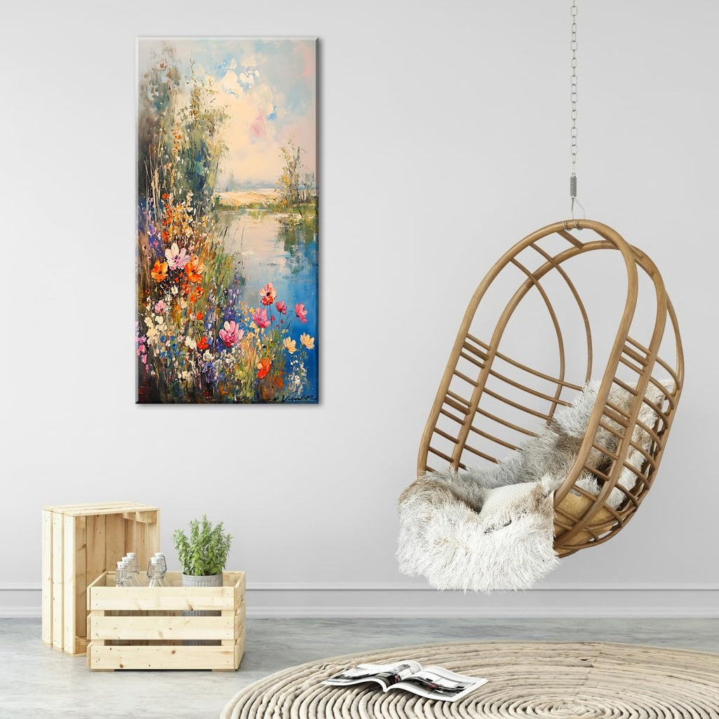 ZOMNAI Vertical Landscape of Vintage Art Painting Colorful Flower on Meadow by Lake Water Wall Art Decor Artwork for Bedroom (30x60 Inches)