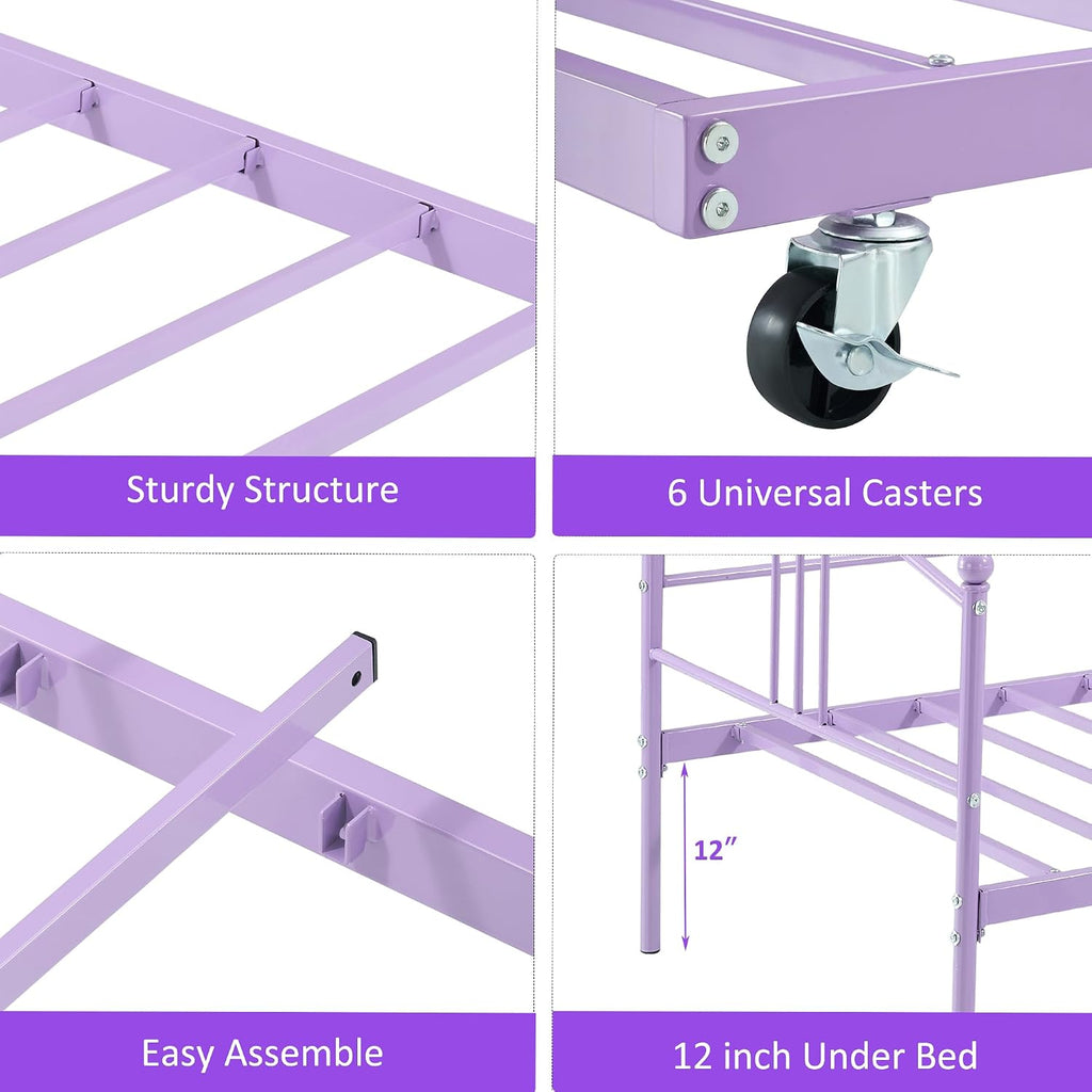 GarveeHome Daybed with Trundle, Sturdy Metal Day Bed with Steel Slat Support, Trundle Bed Twin with Arched Headboard, SofaBed for Living Room, Bedroom and Guest Room, Purple