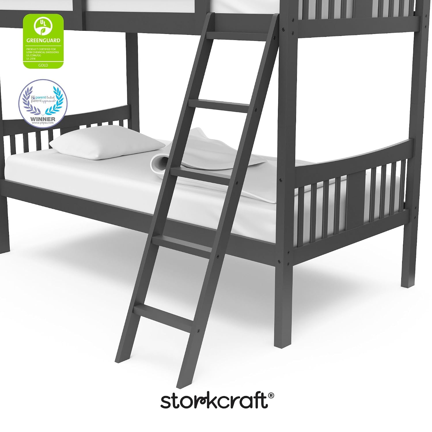 Storkcraft Caribou Bunk Bed Twin Over Twin Bunk Bed (Gray) - GREENGUARD Gold Certified, Twin Bunk Beds for Kids, Converts to 2 Individual Twin Beds, Bunk Beds for Kids