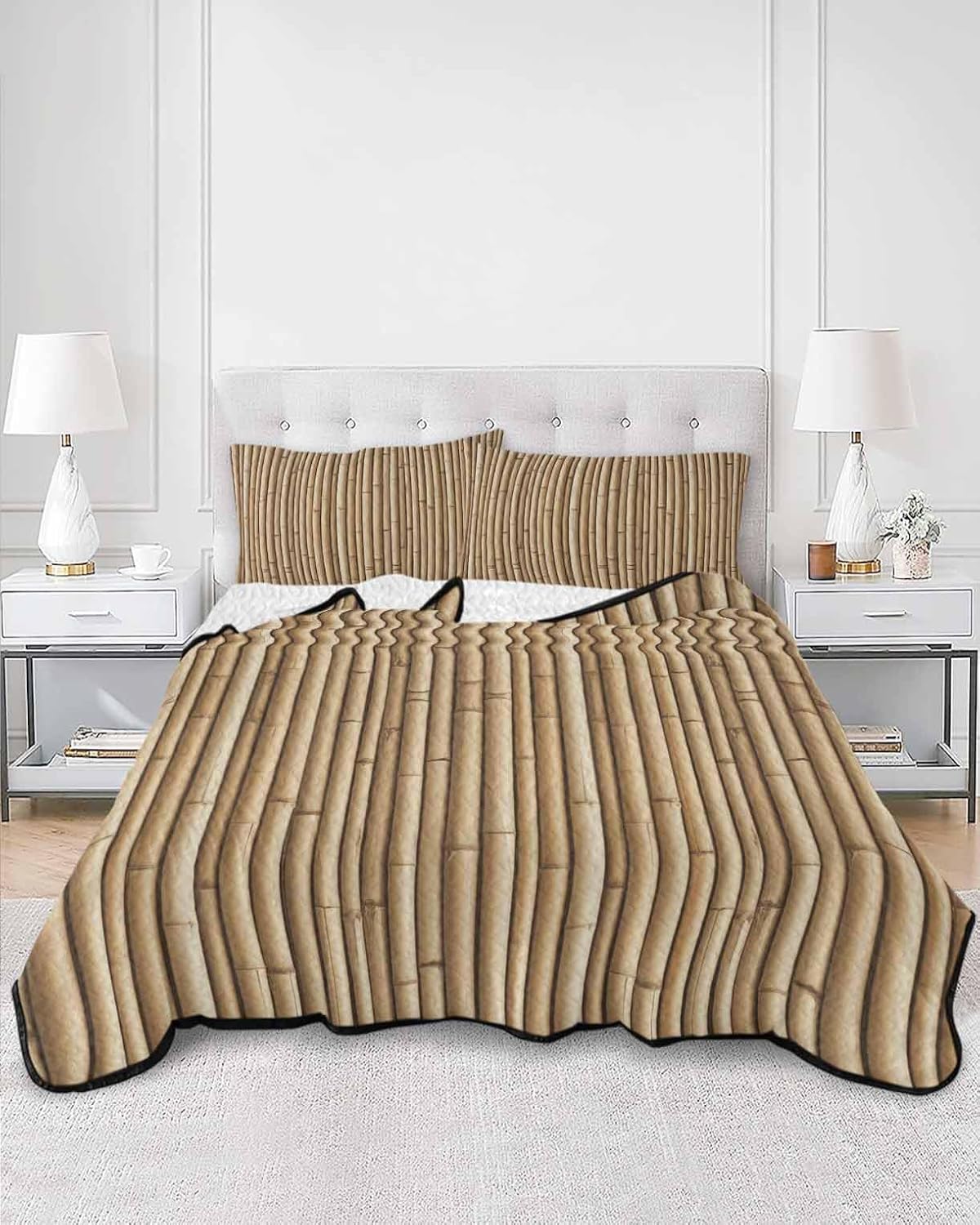 Quilt King Size Bedding Set, Country Farmhouse Lightweight Summer Quilt 3 Pieces Bedding Sets, Vintage Plants Lines Pattern Brown Reversible Bedspreads Coverlets with 2 Pillow Shams for All Season