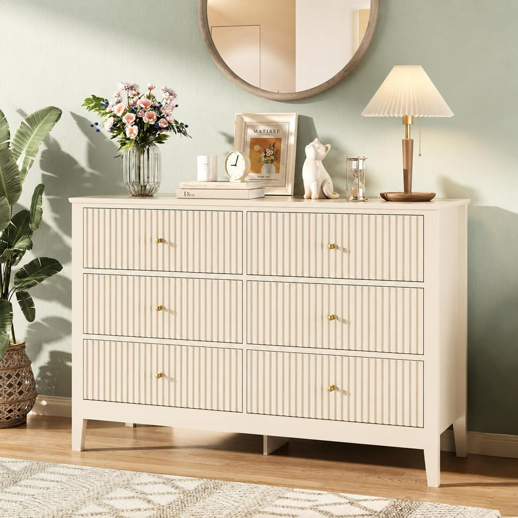 Beige Dresser for Bedroom, 6 Drawers Fluted Chest of Drawers with Storage, Modern 47'' Wide Dresser with Paint Design, Wood Drawer Organizer Dressers for Entryway, Hallway