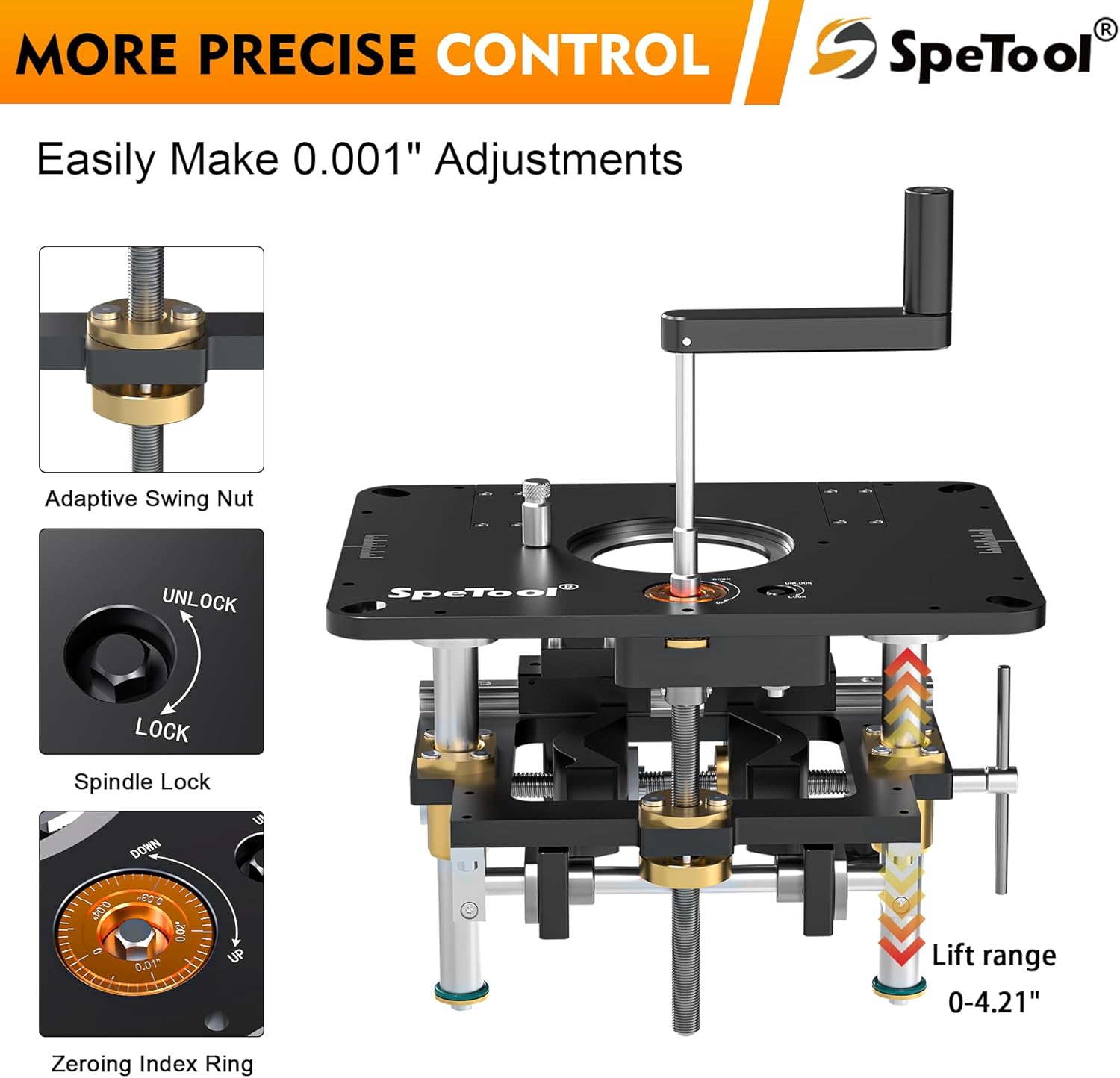 SpeTool Router Lift Kit for 1.25 HP, 2.25 HP, and 3.25 HP Router, Precision All-Aluminum Router Table Lift System with 3 Magnetic Insert Rings, 9-1/4'x11-3/4' Router Table Insert Plate for Woodworking
