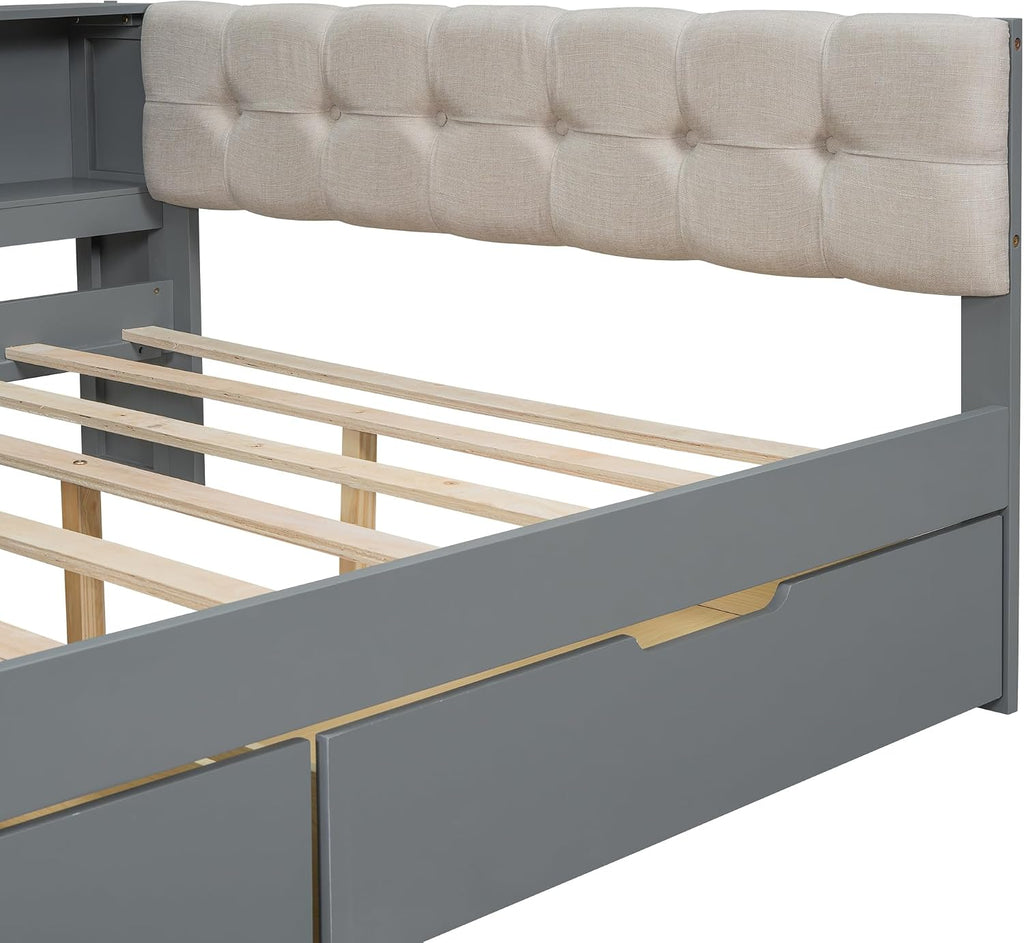 Full Size Platform Bed with Storage Shelves and Study Desk, Wood Daybed Frame with Upholstered Headboard and 2 Drawers for Office/Living Room/Bedroom, Maximize Space
