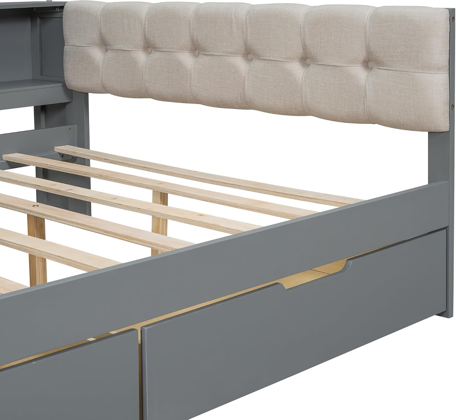 Full Size Platform Bed with Storage Shelves and Study Desk, Wood Daybed Frame with Upholstered Headboard and 2 Drawers for Office/Living Room/Bedroom, Maximize Space