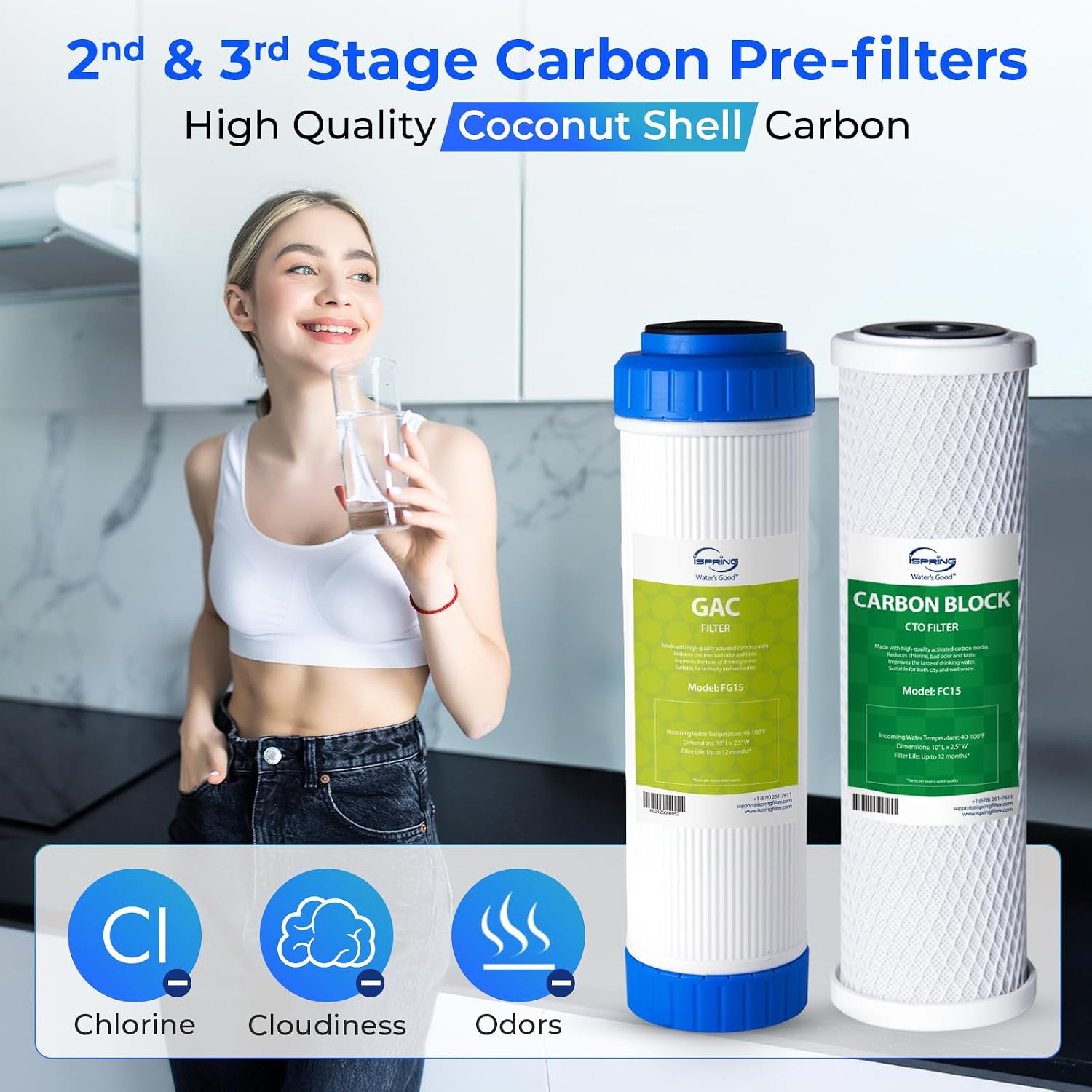 iSpring F15-75 NSF Certified 2-Year Replacement Filter Cartridge Pack for Standard 5-Stage Reverse Osmosis RO Systems, Reduces PFAS, Chlorine, Bad Taste, and Odor, 15 Pieces, White