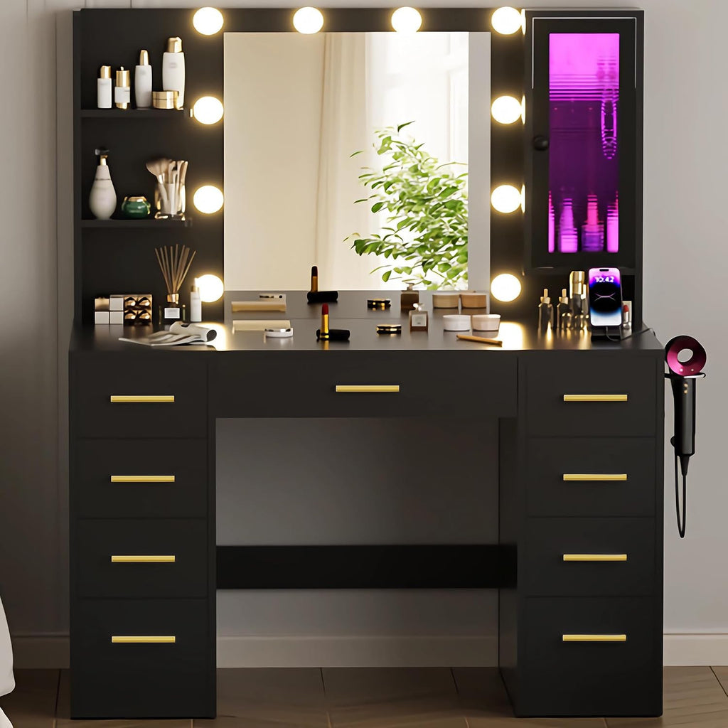 ERLEJIA Vanity Desk with Mirror and Lights, 43' Large Makeup Dressing Table with 9 Drawers, 3 Open Shelves, RGB LED Lighting & Power Outlet, Black