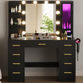 ERLEJIA Vanity Desk with Mirror and Lights, 43' Large Makeup Dressing Table with 9 Drawers, 3 Open Shelves, RGB LED Lighting & Power Outlet, Black