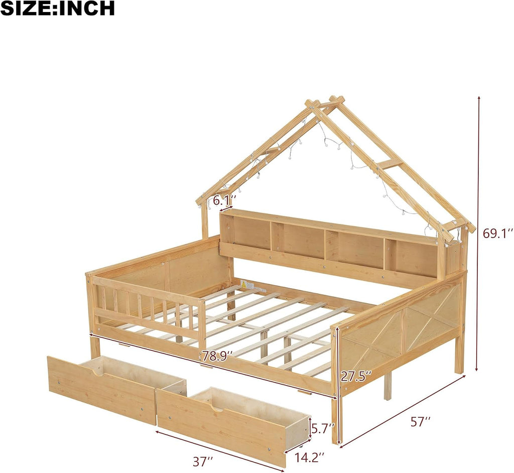 JIVOIT House Beds Wood Platform Bed, Full Size Platform Bed Frame with Storage Shelves, Drawers and Guardrail, Wood Slats Support, No Box Spring Needed (Natural/509)