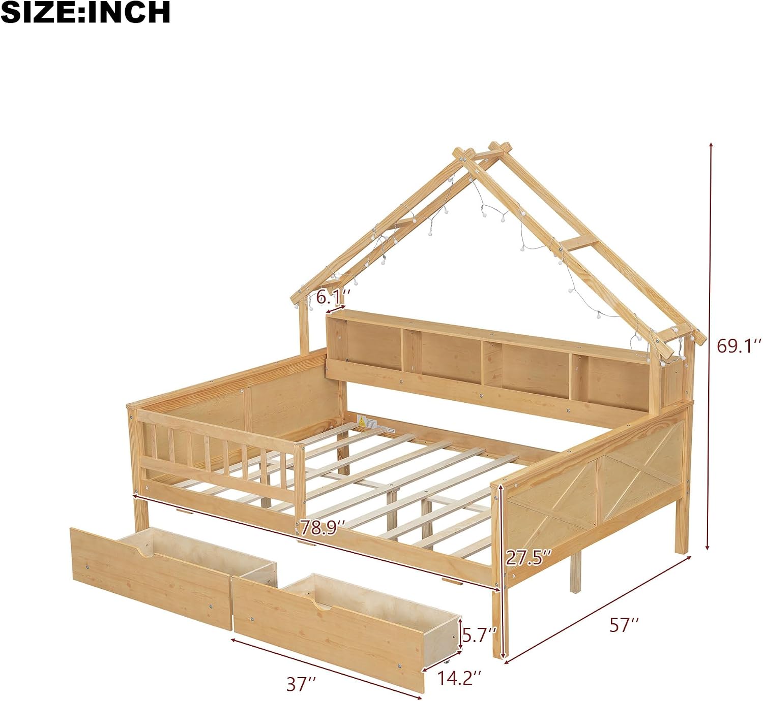 JIVOIT House Beds Wood Platform Bed, Full Size Platform Bed Frame with Storage Shelves, Drawers and Guardrail, Wood Slats Support, No Box Spring Needed (Natural/509)