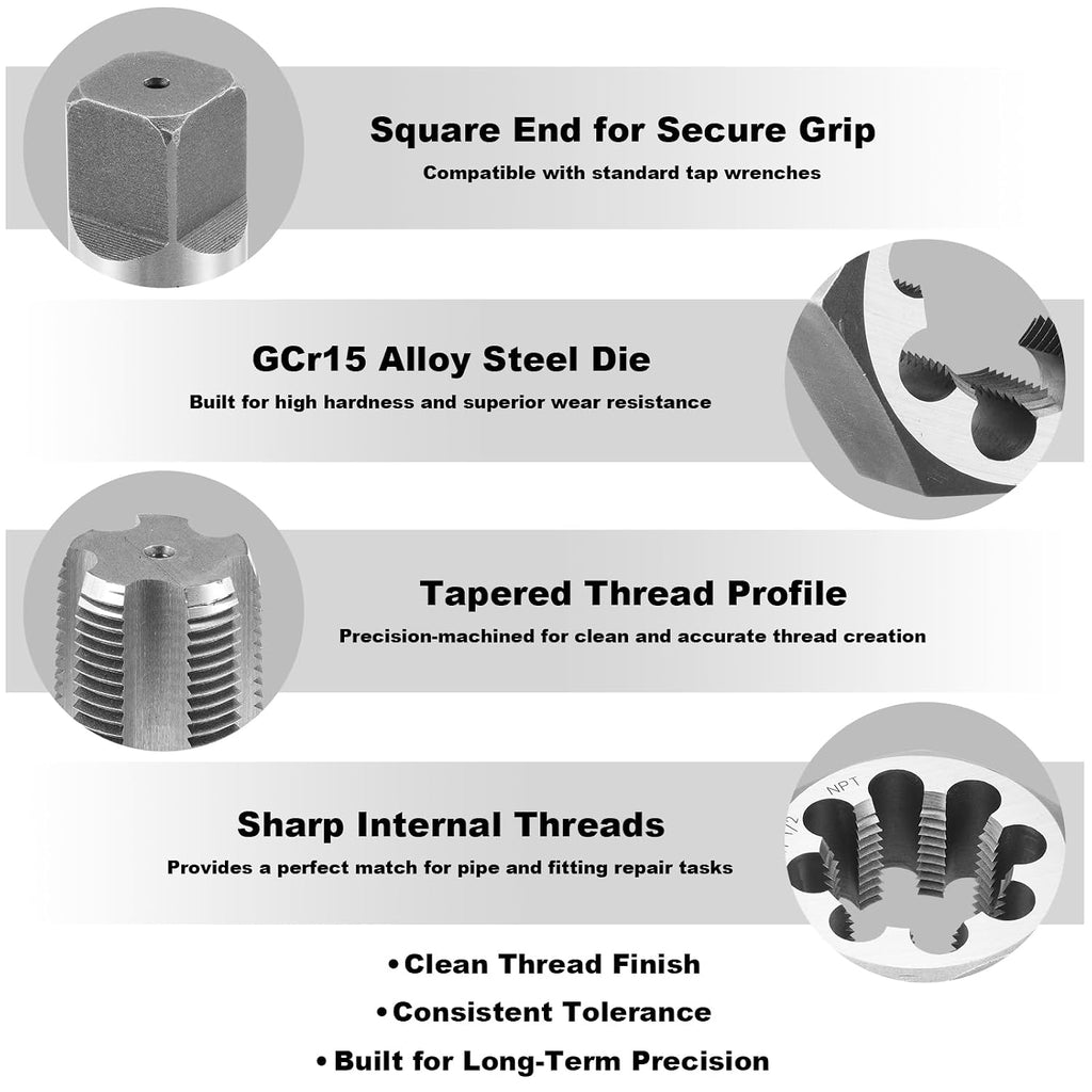 NPT Tap and Die Set – 1/8' to 1' Pipe Threading Tool Kit, GCr15 Alloy Steel Taper Tap and Hex Die Set with Storage Case for NPT Thread Repair and Cutting