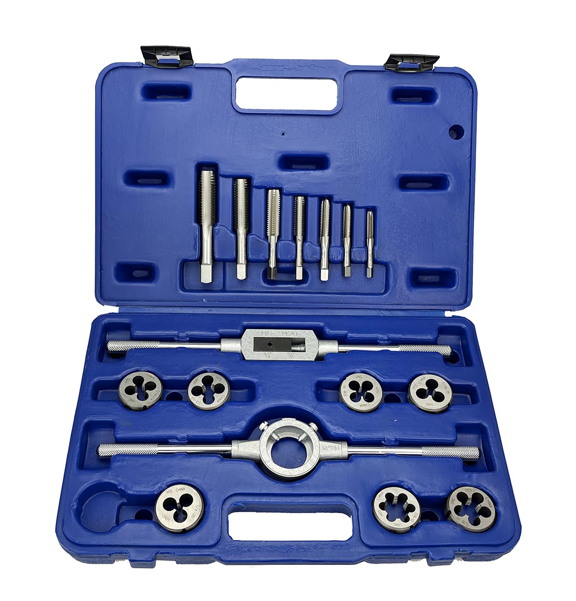 Drill America 16 Piece NC HSS Round Tap and Die Set (1/4-3/4) with 1-1/2 OD Round Dies and Handles