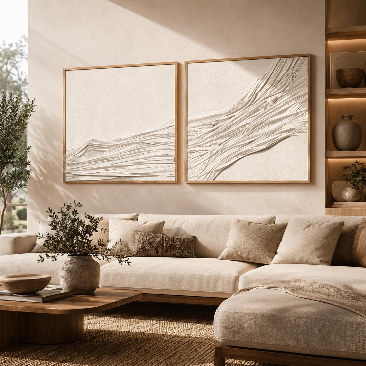 Artists' 3D Textured Wall Art Set of 2, Large Framed Beige Abstract Fabric Wall Decor, Neutral Modern Wall Art for Living Room Bedroom Hallway, 30x30 Inch, 2 Pieces