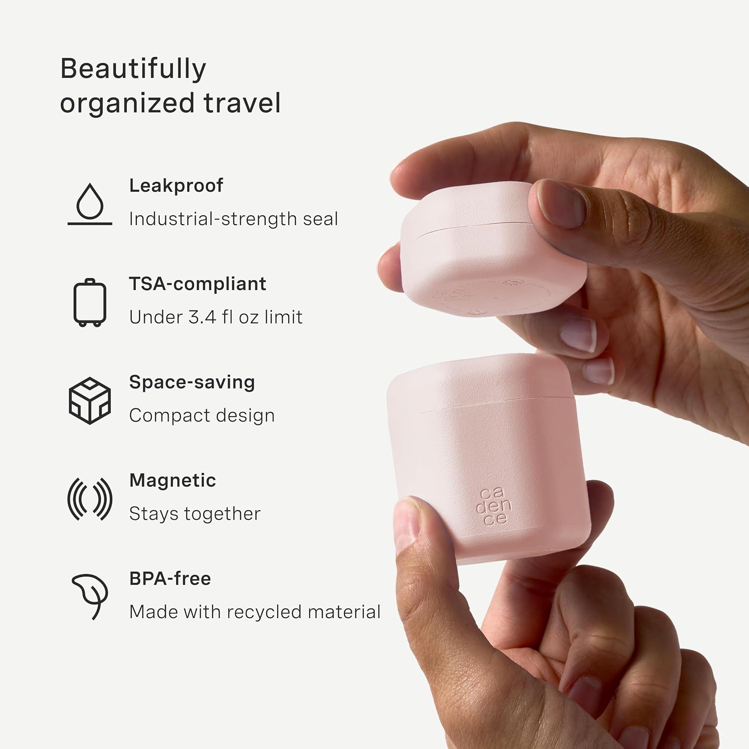 Cadence Travel Containers - Daily Routine Capsule Set - Magnetic Containers with Lids,4 Flex Mediums (1.32oz) & 3 Flex Smalls (0.56oz) - Shampoo, Conditioner, Body Wash, Pills, & More - Petal