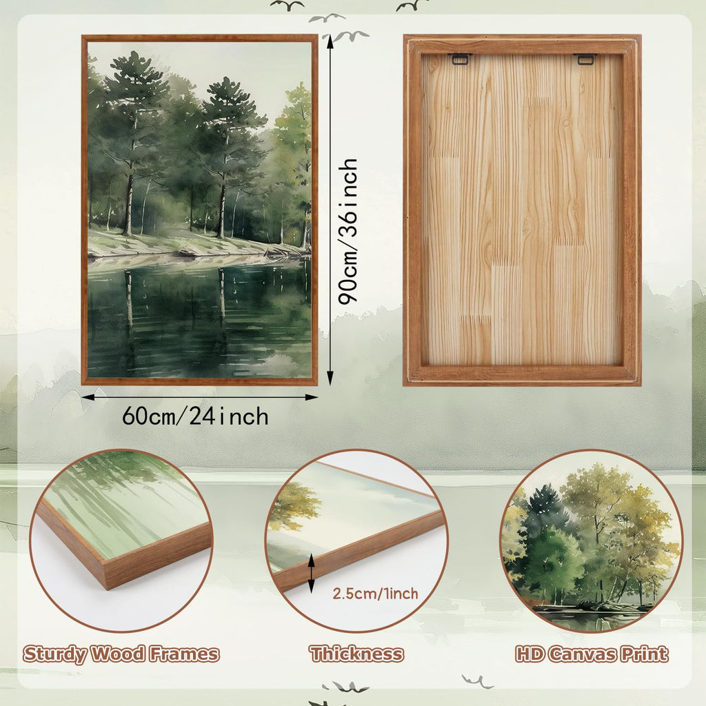 KAIRNE Framed Nature Canvas Wall Art Set,Misty Forest Wall Decor,Green Mountain Forest Pictures,Lake Water Painting set of 3(24'x36'),Landscape Scene Print for Living Room, Bedroom,Gallery Decor