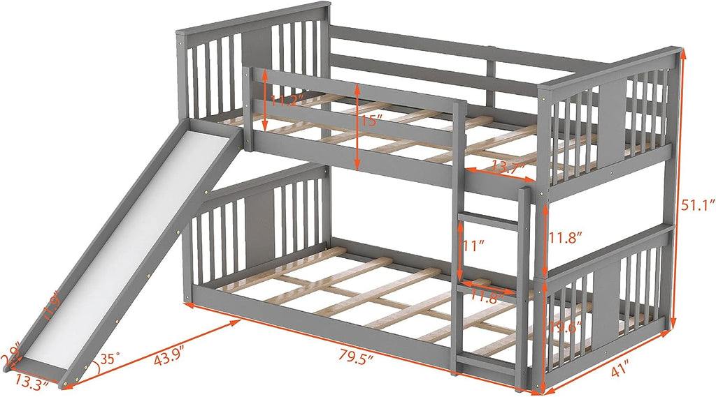 Bellemave Floor Bunk Bed with Slide, Twin Over Twin Wooden Low Bunk Bed with Slide and Ladder, for Boys Girls (Grey)