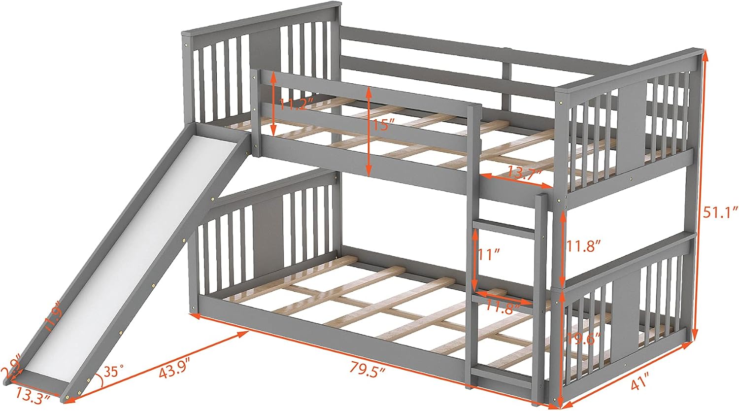 Bellemave Floor Bunk Bed with Slide, Twin Over Twin Wooden Low Bunk Bed with Slide and Ladder, for Boys Girls (Grey)