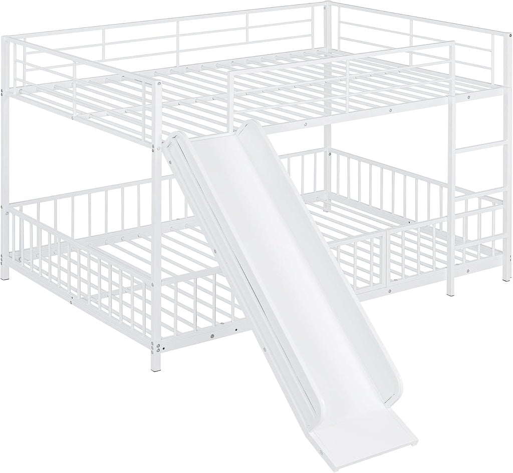 JIVOIT Metal Bunk Bed Frame with Slide and Ladder, Full Over Full Bunk Bed Size with Metal Slats Support, Full-Length Guardrail, Heavy Duty Metal Low Bunk Bed, No Box Spring Needed (White,Full,09)