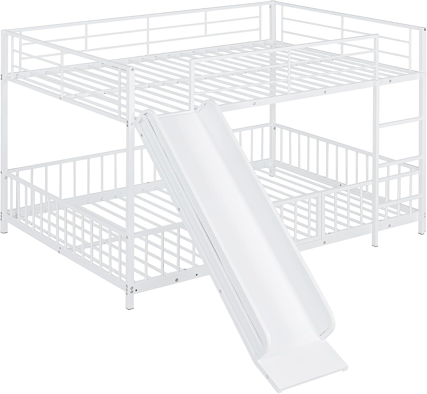 JIVOIT Metal Bunk Bed Frame with Slide and Ladder, Full Over Full Bunk Bed Size with Metal Slats Support, Full-Length Guardrail, Heavy Duty Metal Low Bunk Bed, No Box Spring Needed (White,Full,09)