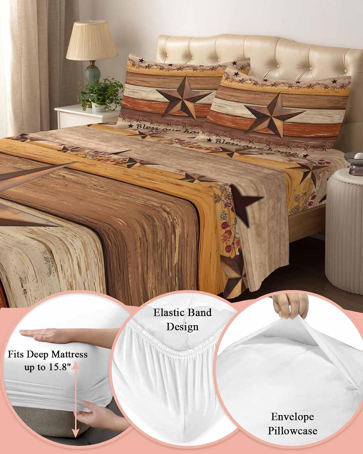 Western Texas Star Vintage Cal King Sheet Set 4 Piece Bedding - Farmhouse Brown Wood Grain Breathable Comfy Cooling Bed Sheets & Pillowcase Sets, Hotel Luxury Flat Sheets Deep Pockets Fitted Sheet