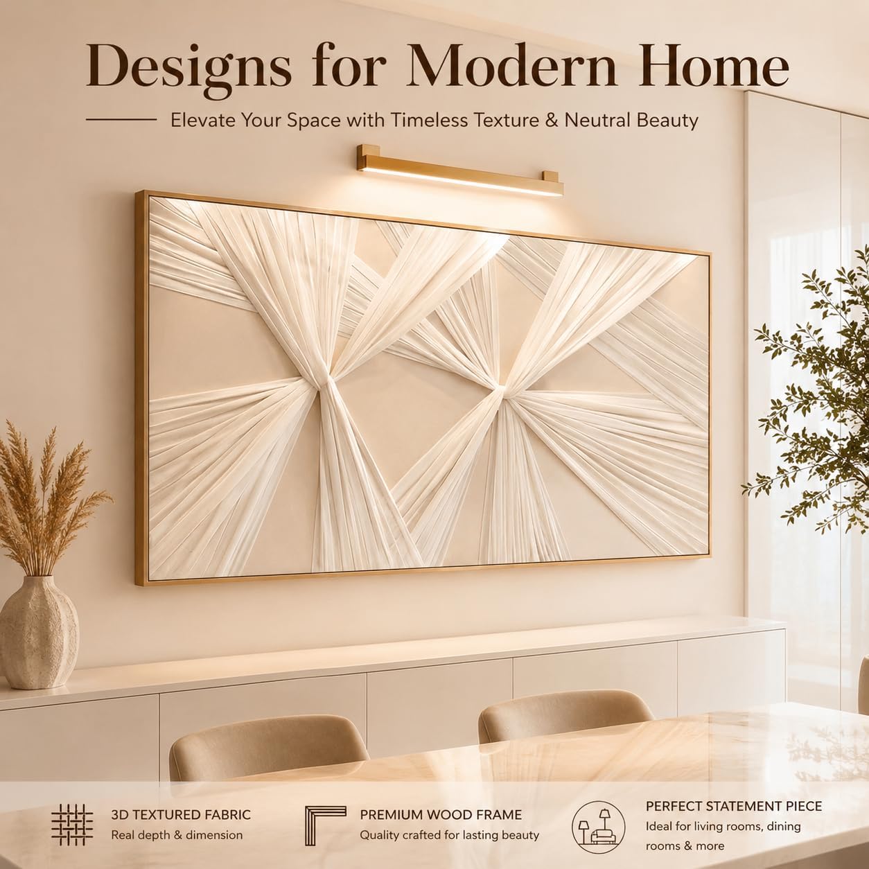 Artists' Handicraft, Extra Large Luxury 3D Fabric Neutral Textured Wall Art, Minimalist Abstract Boho Modern Long Beige Painting Wall Decor for Living Room Bedroom Hallway Office, Horizontal, 54x27 Inces