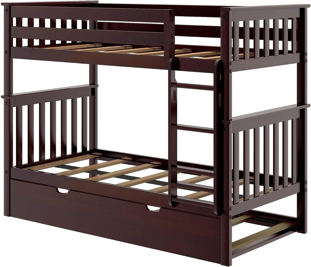 Max & Lily Bunk Bed, Twin-Over-Twin Wood Bed Frame For Kids With Trundle, Espresso