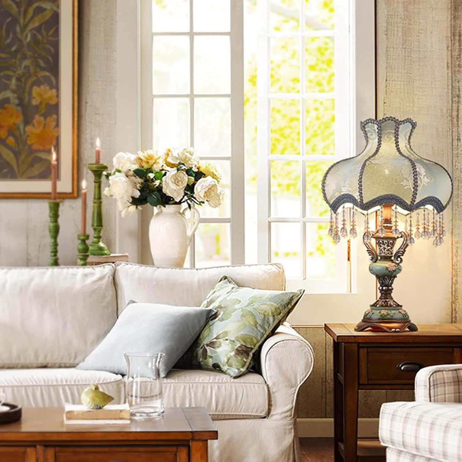Victorian Lamp Antique Table Lamp with Lace & Fringe,Vintage Fabric Table Lamp with Shade,European Pastoral Night Stand Flower Floral Lamp Table Light for Bedroom Living Room
