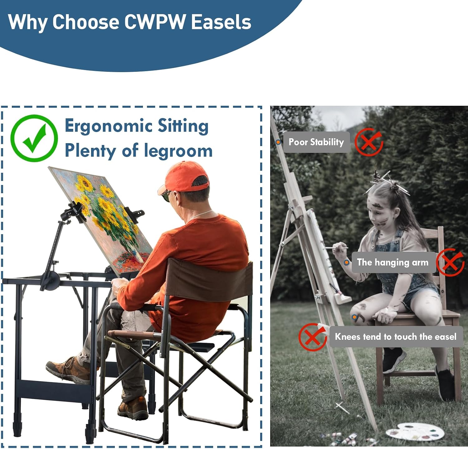 CWPW Artist Easel Stand Metal Foldable Portable Ergonomic Adjustable Easel for Painting Canvases Height from 16' to 30' Equipped with Carry Bag&Umbrella Stand for Outdoor&Indoor Painting Drawing