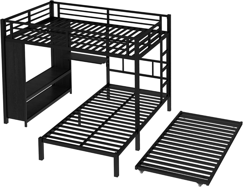 JIVOIT Metal Bunk Bed with Trundle, Full Over Twin Bunk Bed with Foldable Desk, Built-in Wardrobe, Ladders and Safety Guard, Noise-Reduced Design, Space-Saving, No Box Spring Needed