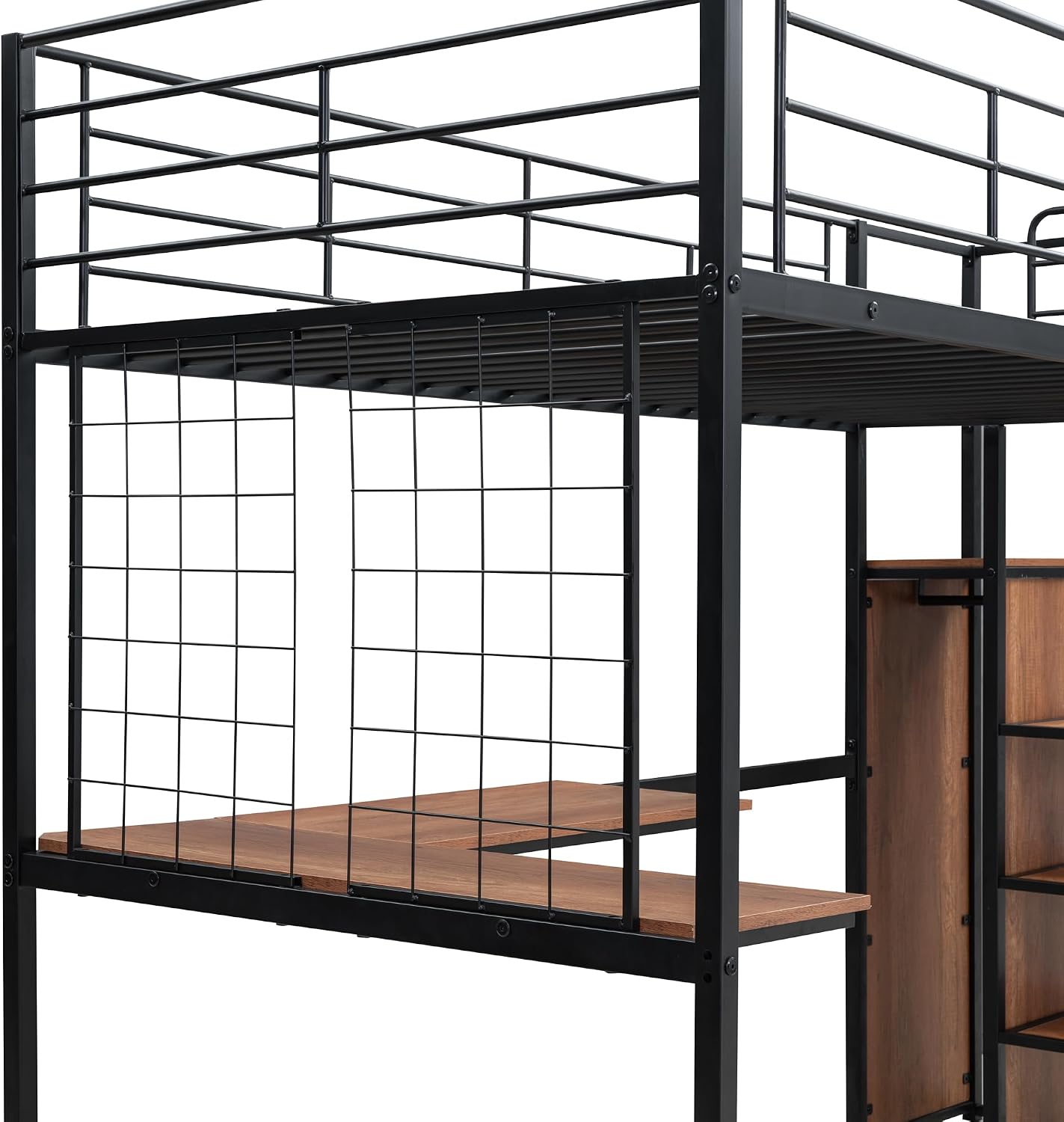 JIVOIT Twin Size Metal Loft Bed with L-Shape Desk and Wardrobe, Stylish Metal Frame Bed with Lateral Storage Ladder and Metal Grid, 3-Layers Storage Shelves, Space Saving Design (Black-Wardrobe,Twin)