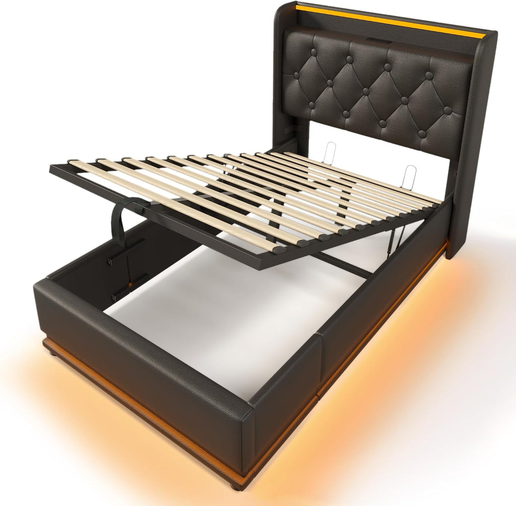 Twin Size Lift Up Storage Bed Frame with Button Headboard and Storage Smart Bed with 360 Surround LED Function Upholstered Platform Bed USB Type-C Charging Easy Assembly (Black, Twin)