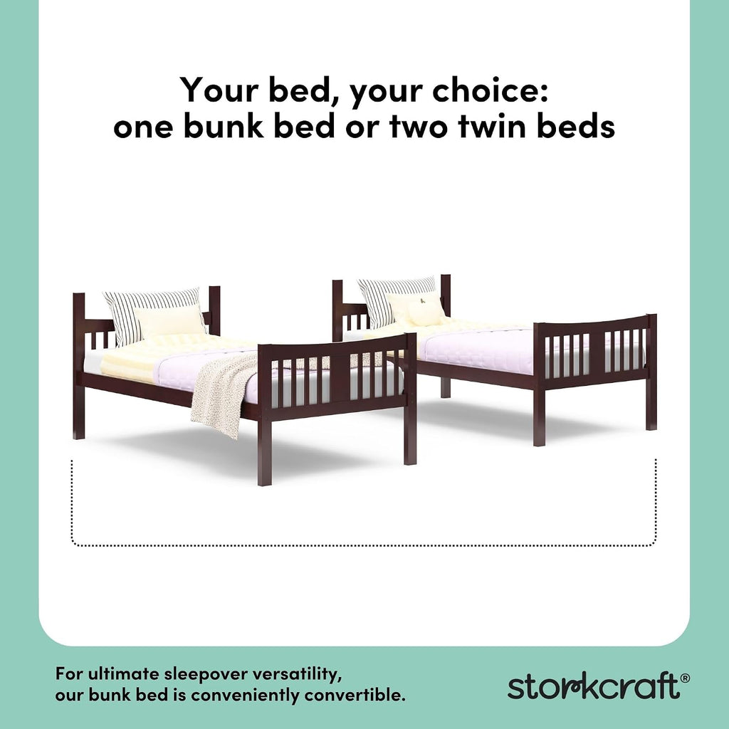 Storkcraft Caribou Bunk Bed Twin Over Twin Bunk Bed (Espresso) - GREENGUARD Gold Certified, Twin Bunk Beds for Kids, Converts to 2 Individual Twin Beds, Bunk Beds for Kids