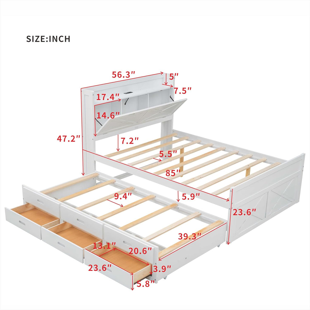 Full Size Captain Wooden Bed Frame with Storage Headboard & Outlets | Extendable Platform Bed with Twin Trundle & 3 Storage Drawers | Modern Farmhouse Bedroom Furniture Set (White, Full)
