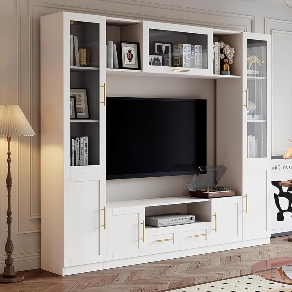 Entertainment Wall Unit, 4-Piece Large TV Stand Wall Unit Entertainment Center with Bookshelves & Storage, Wall Media Center with Shelves for TVs Up to 70', Media Console for Living Room, White.