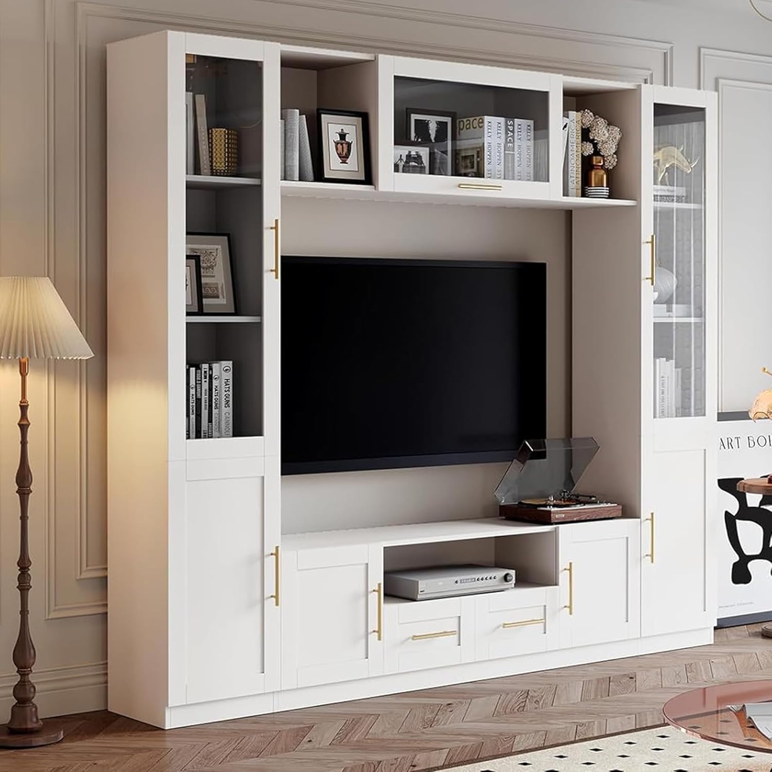 Entertainment Wall Unit, 4-Piece Large TV Stand Wall Unit Entertainment Center with Bookshelves & Storage, Wall Media Center with Shelves for TVs Up to 70', Media Console for Living Room, White.