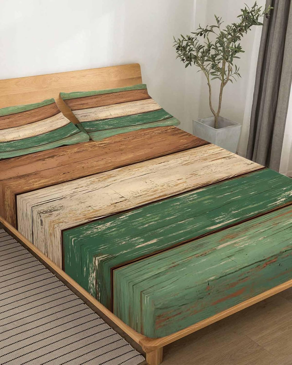 Farmhouse Dark Sage Green Brown Cal King Sheet Set 4 Piece Bedding - Vintage Wooden Striped Breathable Comfy Cooling Bed Sheets & Pillowcase Sets, Hotel Luxury Flat Sheets Deep Pockets Fitted Sheet