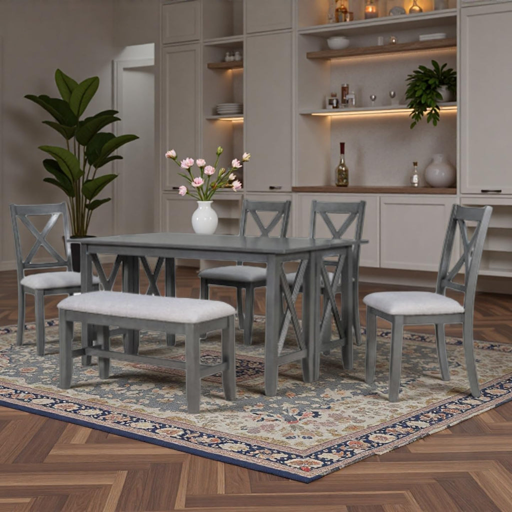 LUMISOL Foldable Kitchen Table Set with Bench and Chairs for 6, 6 Piece Dining Room Table Set with Upholstered Seating and Folding Table