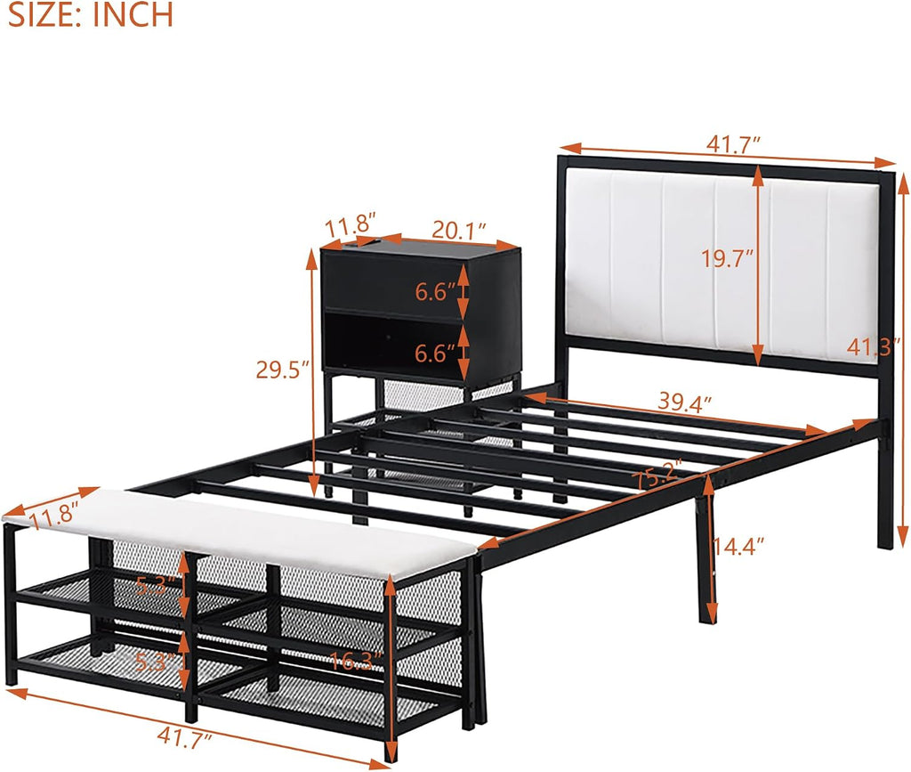 JIVOIT Twin Size Bed Frame, Metal Platform Bed with Two-Tier Storage Shelves, Wooden Storage Cabinet, Upholstered Headboard, Cushioned Footrest at Bed's End, No Box Spring Needed (Black/Twin,223)
