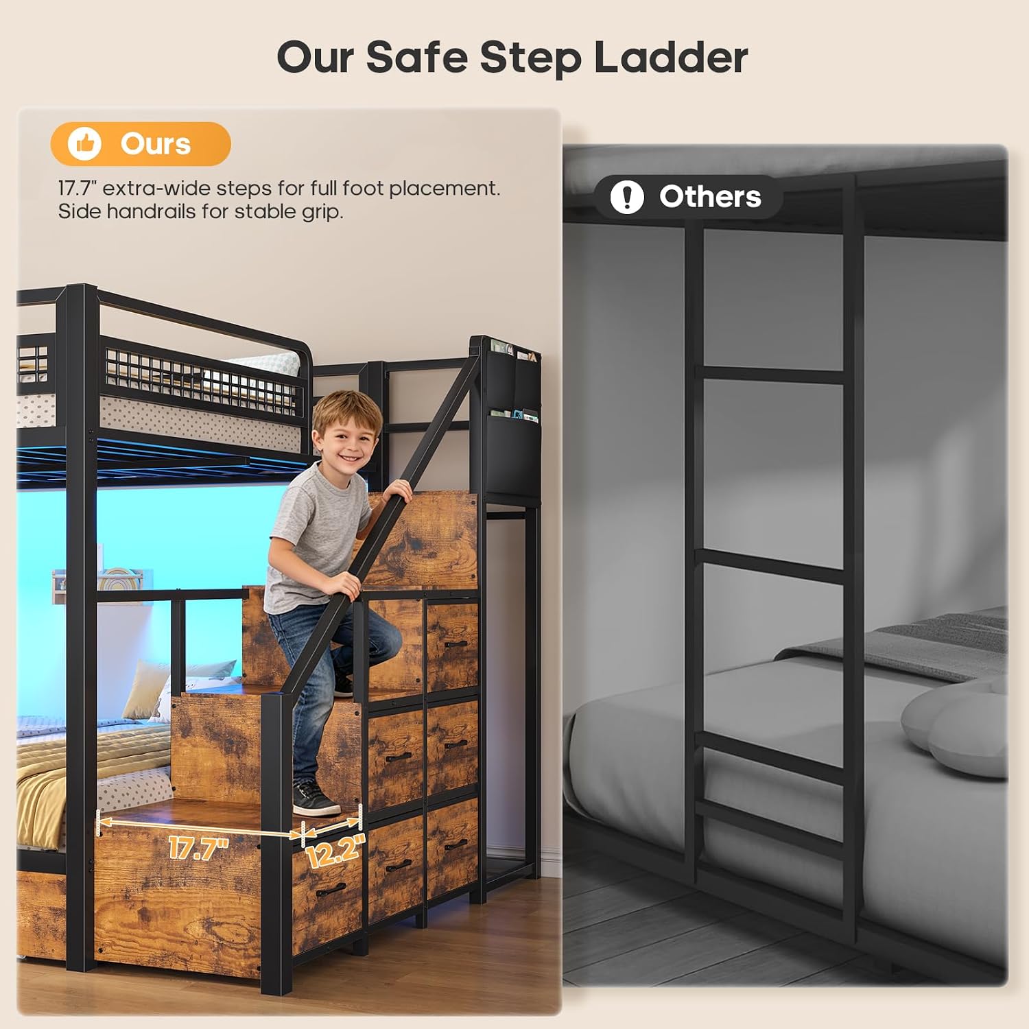 BTHFST Bunk Bed Full Over Full with Stairs, LED Lights Full Bunk Beds with 2 Storage Drawers & 6 Fabric Drawers, Metal Full Loft Beds with Safety Guardrail & Stairs, Space Saving, Rustic Brown