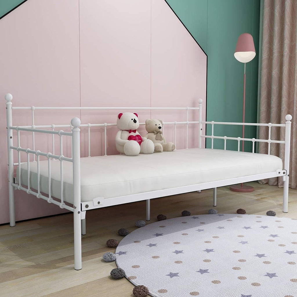 HOMERECOMMEND Metal Daybed Frame Steel Slats Platform Base Box Spring Replacemen Bed Sofa for Living Room Guest Room (Twin, White).