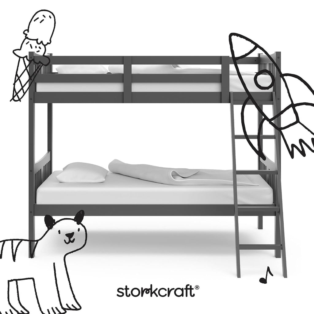 Storkcraft Caribou Bunk Bed Twin Over Twin Bunk Bed (Gray) - GREENGUARD Gold Certified, Twin Bunk Beds for Kids, Converts to 2 Individual Twin Beds, Bunk Beds for Kids